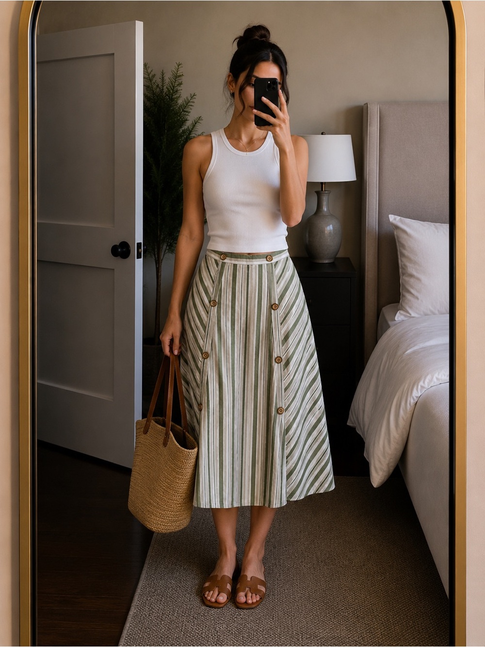 Green Striped 100% Cotton Midi Skirt Wood Buttons Women Large Boho Fairy Cottage